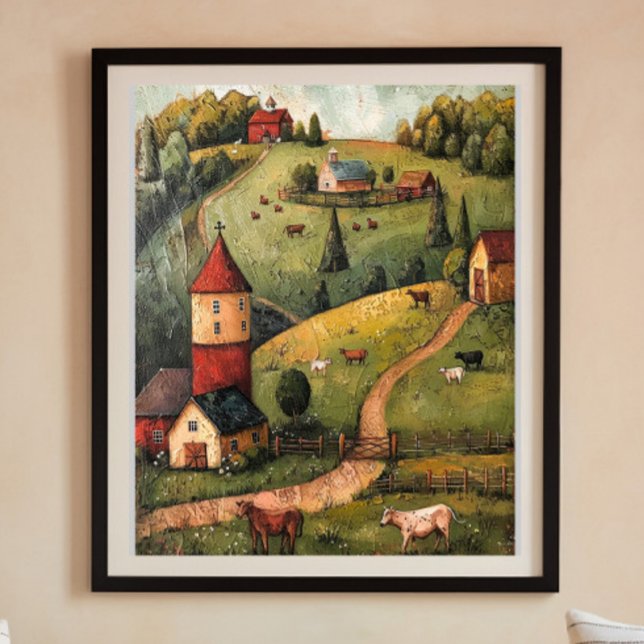 Poster Rolling Hill Fazenda House Folk Art Pintura (Criador carregado)