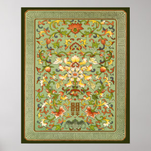 Poster Rolos florais chineses da peônia no jade