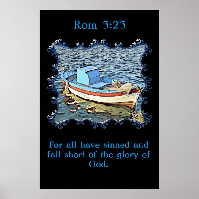 Póster Rom 3:23 com um barco velho no oceano calmo. (Frente)