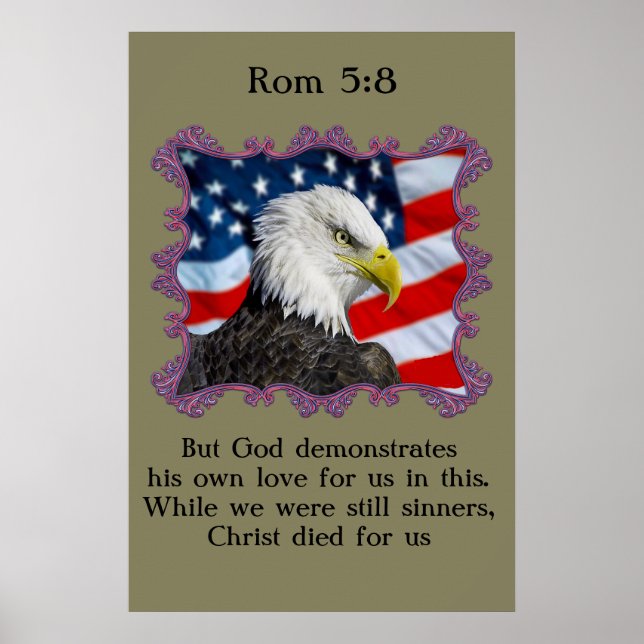 Póster Rom 5:8 Com Águia em frente à bandeira americana (Frente)