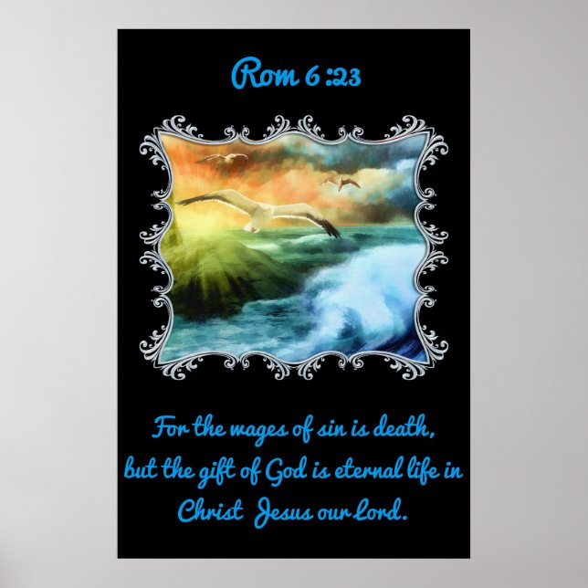 Poster Rom 6:23 Com gaivotas voando sobre o mar aberto (Frente)
