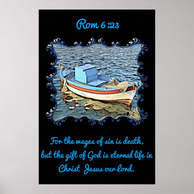 Póster Rom 6:23 com um barco velho no oceano calmo. (Frente)