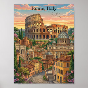 Poster Roma Colorida Itália Coliseu Arte de Viagem Vintag