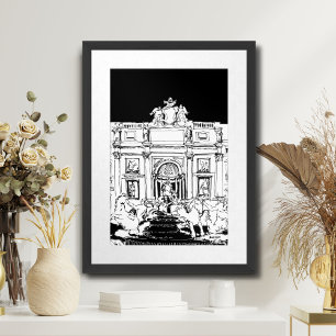 Poster Roma Trevi Fountain Black White Viagem Art Impress