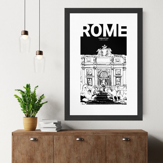 Poster Roma Trevi Fountain Black White Viagem Sketch (Fontana di Trevi Rome Black White Sketch Mate Poster)