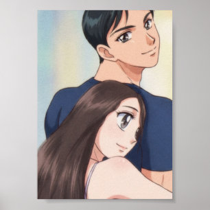Poster Romance de Anime Retrô: Abraço Suave