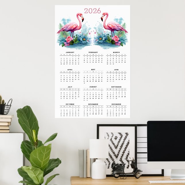 Poster Romance Tropical: Calendário de Parede Flamingo 20 (Escritório em casa)