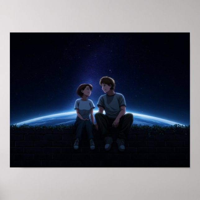 Poster Romantic Anime Couple Sitting Under Starry Cosmos (Frente)