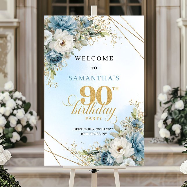 Poster Romantic boho blue florals gold frame 90 birthday (Romantic boho blue florals gold frame 90th birthday

)