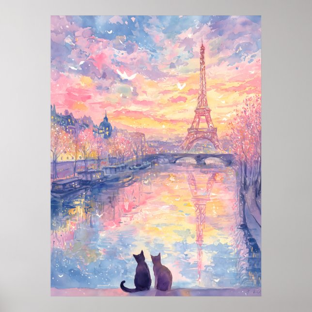 Poster Romantic Cats in Paris Sunset – Watercolor Style (Frente)