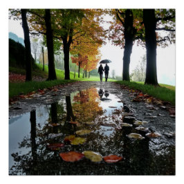 Póster Romantic Couple Rain Autumn Glossy Poster