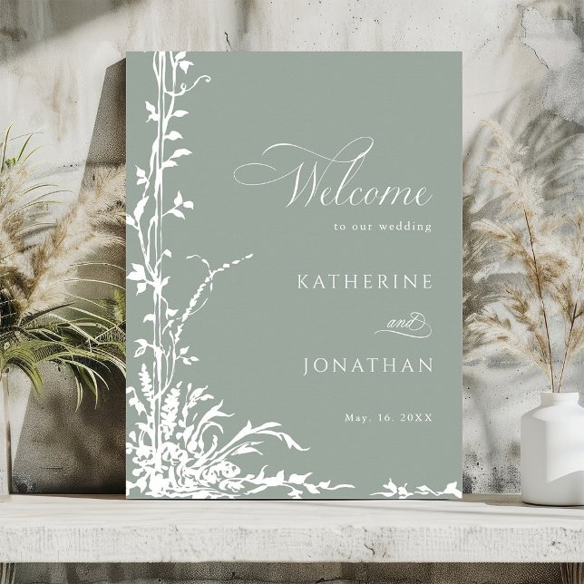 Poster Romantic Floral Garden Sage Green Wedding Welcome (Criador carregado)