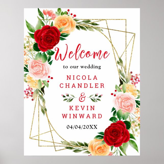 Poster Romantic Red and Orange Roses Wedding Welcome Sign (Frente)