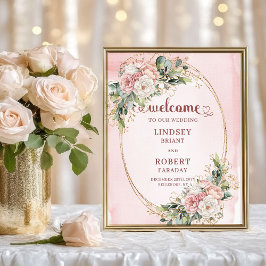 Poster Romantic Rose Gold Flowers Greenery Wedding Welcom