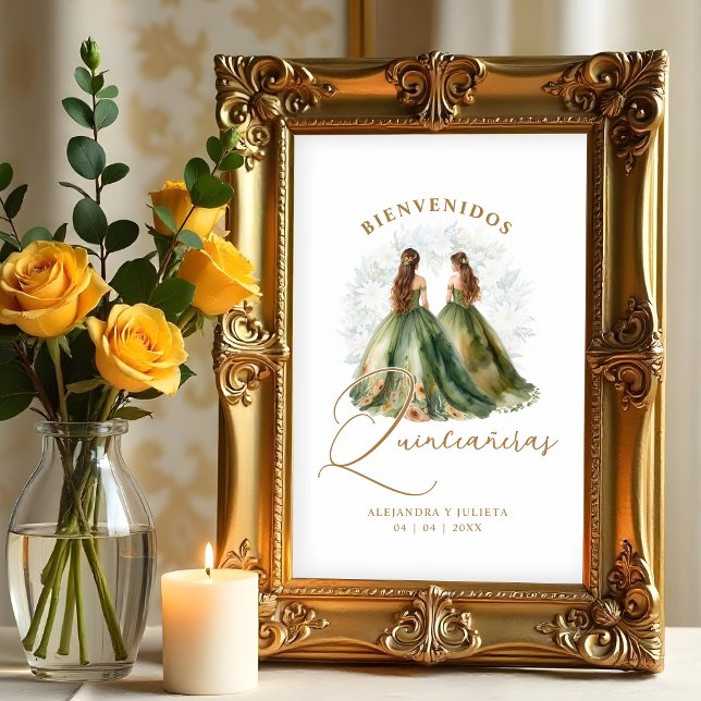 Poster Romantic Spanish Quinceañeras Twins Dolls in Green (Romantic Spanish Quinceañeras Twins Dolls in Green and Brown Shades Posters.)
