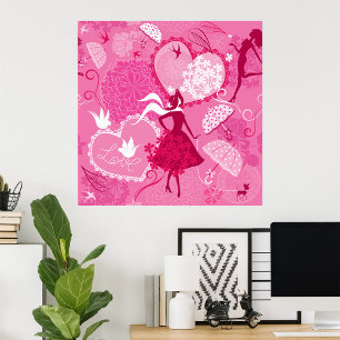 Poster Romântica Amor Silhouette Padrão Corações Rosa