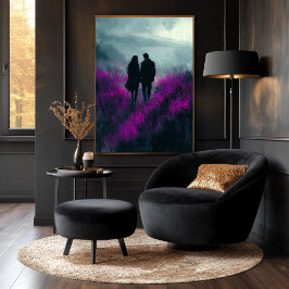 Poster Romântica atravessa campos roxos no carvão