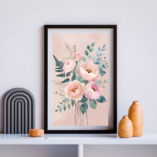 Poster Romântica Peony & Fern Watercolor Wall Art I