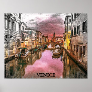 Poster Romântica Veneza Itália Visão da Cidade de Gondola