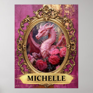 Poster Romântico Dragão Fúcsia e Rosas Fantasia