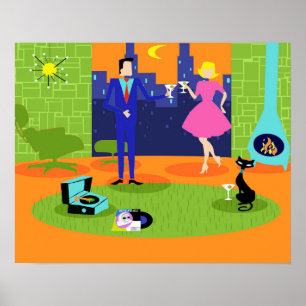 Poster romântico retro do casal da noite