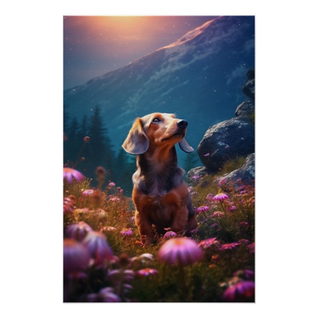 Póster Romantismo Dachshund Explorando Uma Prado (Frente)