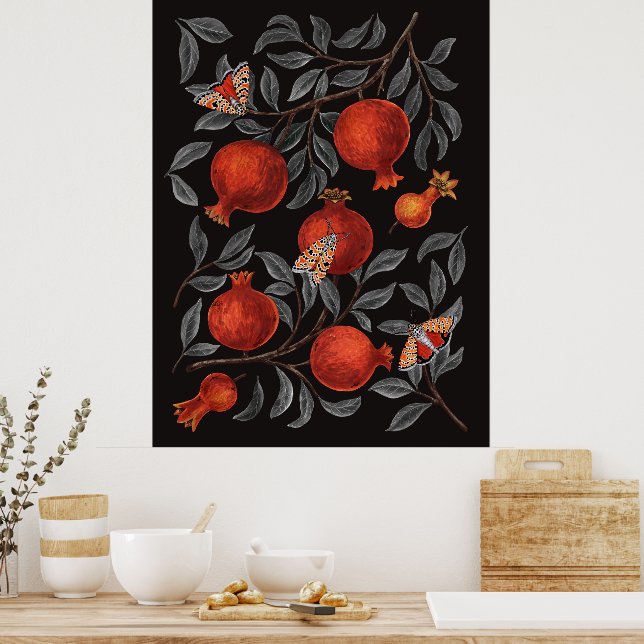 Poster Romãs e Mariposas Bella em vermelho e cinza (Cozinha)