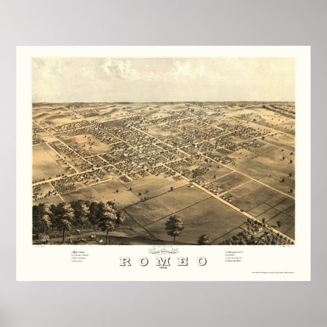 Poster Romeo, MI Panorâmica Mapa - 1868 (Frente)