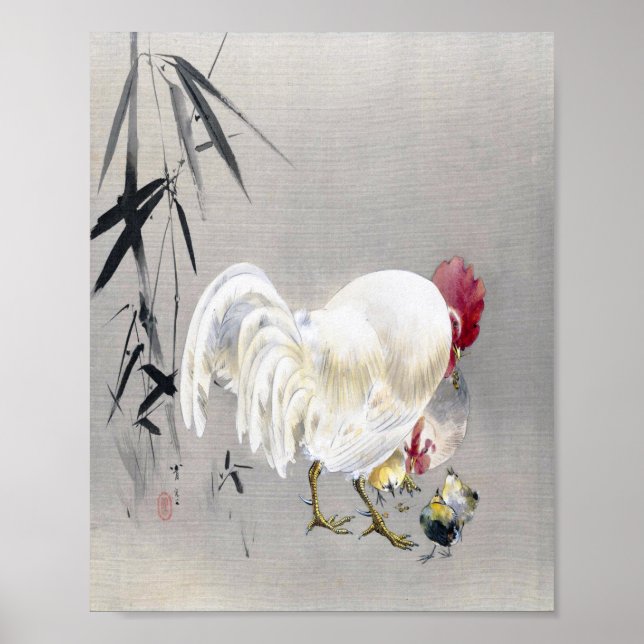 Poster Rooster e Hen com Pintinhos, Watanabe Seitei (Frente)