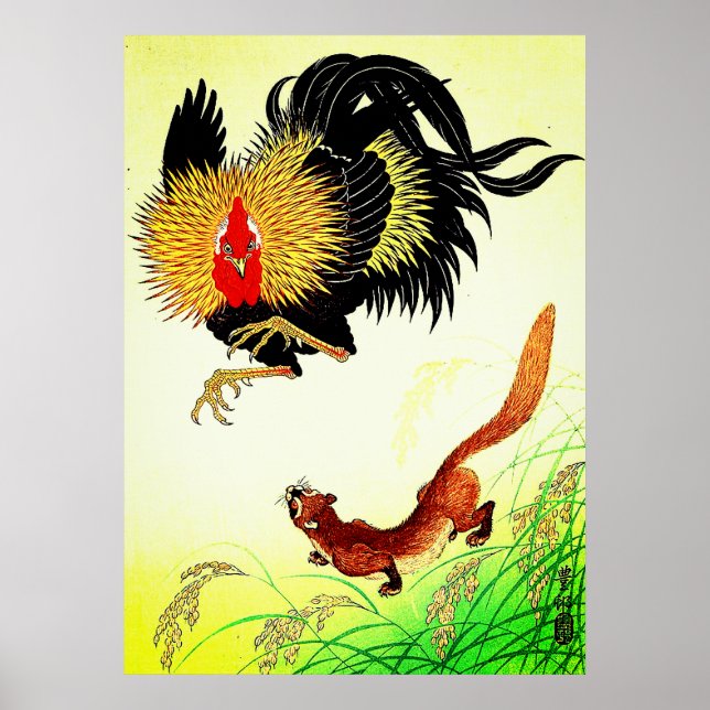 Poster Rooster e Weasel Ohara Koson 1930 (Frente)