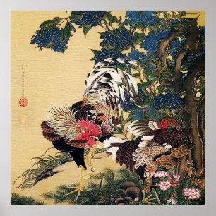 Poster Rooster Hen e Hydrangea por Ito Jakuchu