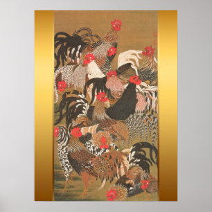 Póster Roosters Japonês Pintura com Fundo de Ouro