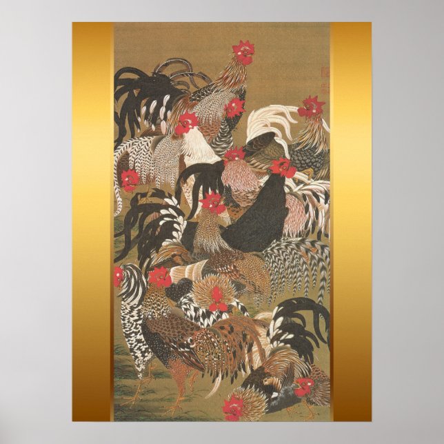 Póster Roosters Japonês Pintura com Fundo de Ouro (Frente)
