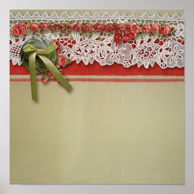 Póster Rosa Antiga Renda Rustico Vermelho Burlap Vitorian (Frente)