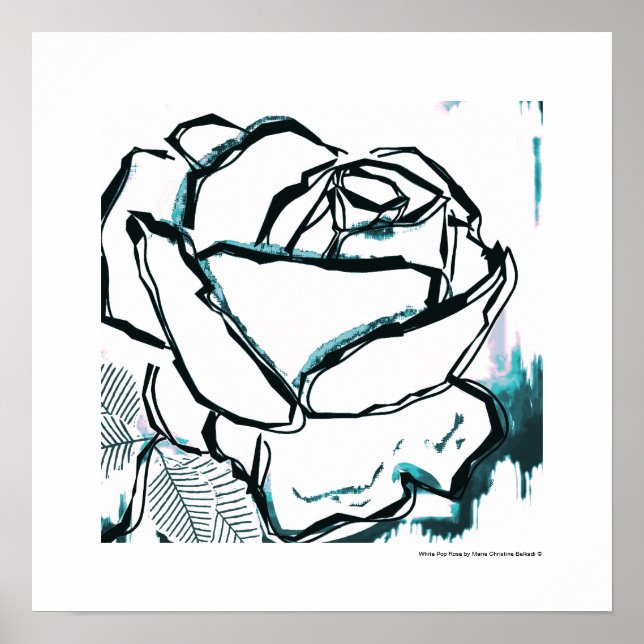 Póster Rosa Aqua Preto Branco Moderna - Flor Pop Art (Frente)