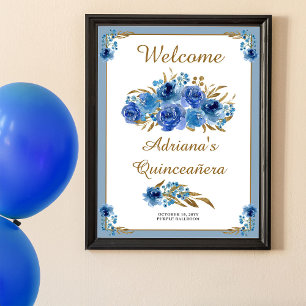 Poster Rosa Azul e Folha de Ouro Boas-Vindas Quinceanera