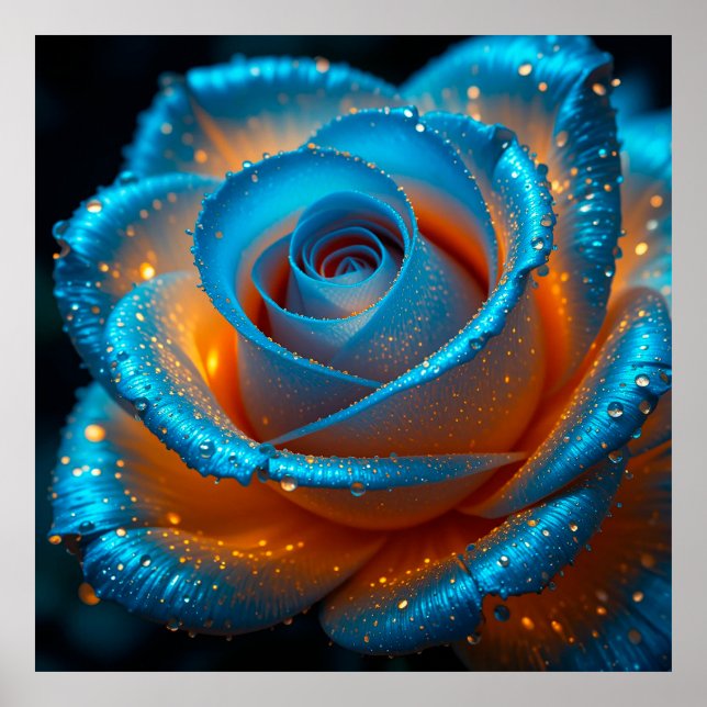 Poster Rosa Azul Vibrante com Gotículas de Orvalho em Lig (Frente)