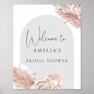 Poster Rosa Bege Cinza Boho Flores Arco Noiva Chuveiro Po
