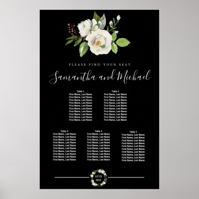 Poster Rosa branca Floral em Preto 5 Mesas (Frente)
