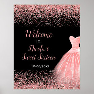 Poster Rosa cor-de-rosa Faux Glitter Sweet 16 Welcome