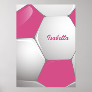 Poster Rosa customizável e branco da bola de futebol do