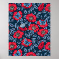 Rosa de cão e borboletas em azul e vermelho