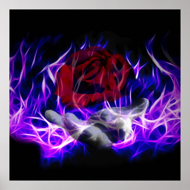 Póster Rosa de chama violeta e mãos deuses (Frente)