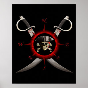 Póster Rosa de compasso do crânio do pirata