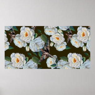 Poster Rosa de flores brancas com folhas desenhando em pa