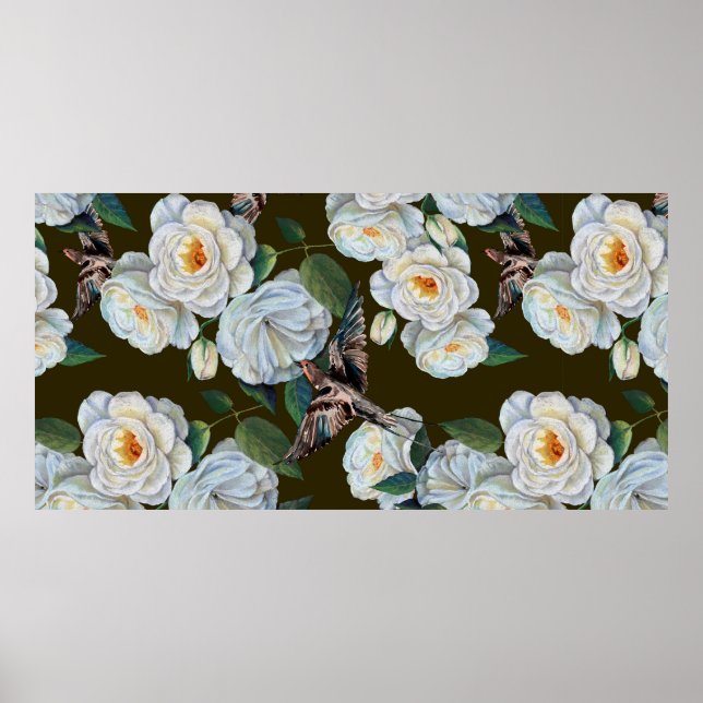 Poster Rosa de flores brancas com folhas desenhando em pa (Frente)