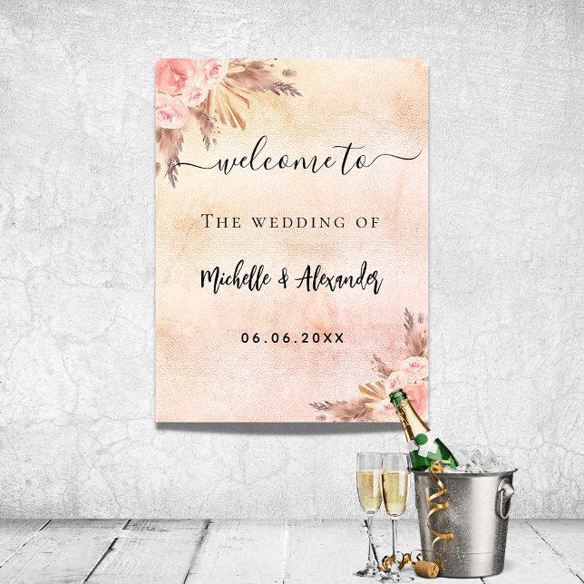 Poster rosa de grama das pampas dourado floral bem-vindo  (Criador carregado)