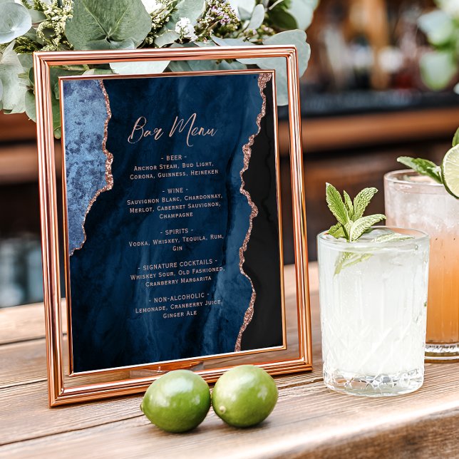 Poster Rosa de Ouro Azul Marinho Menu de Bar de Casamento (Criador carregado)