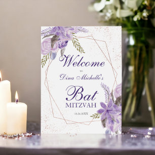 Poster Rosa de ouro, cor de água floral roxa Bat Mitzvah