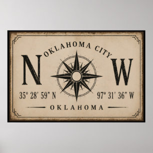 Poster Rosa dos Ventos Coordenadas Antigas de Oklahoma Ci